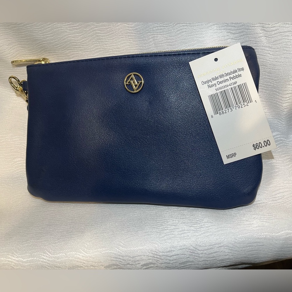 Adrienne Vittadini Navy Blue Charging Wallet with Gold Logo NWT
